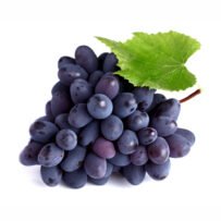 Bundle of blue grapes with a green leaf